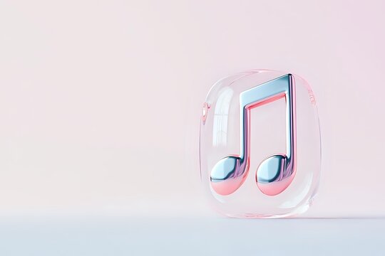 Translucent music note symbol with pink and blue accents on soft pastel background, representing sound, melody, and musical creativity.