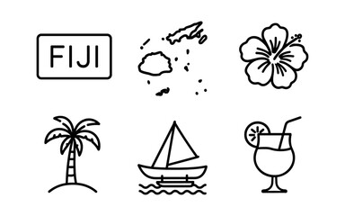 Obraz premium Minimalist fiji icons: tropical bliss with map, hibiscus, palm tree, sailboat, and cocktail