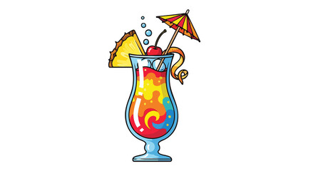 A colorful tropical cocktail in a glass with pineapple cherry and umbrella decoration on a black background