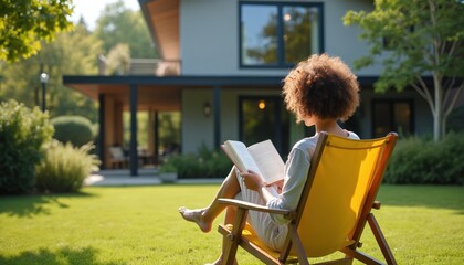 Woman with curly hair sits in yellow chair on green lawn. Reads book outside modern house with covered patio. Relaxing time at home garden on sunny day, enjoying peaceful leisure moments in nature.