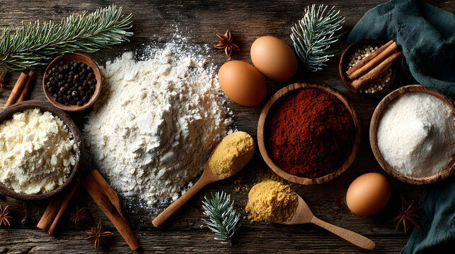 Christmas baking ingredients with fir tree decoration Flour brown sugar eggs spices Top view bakery background