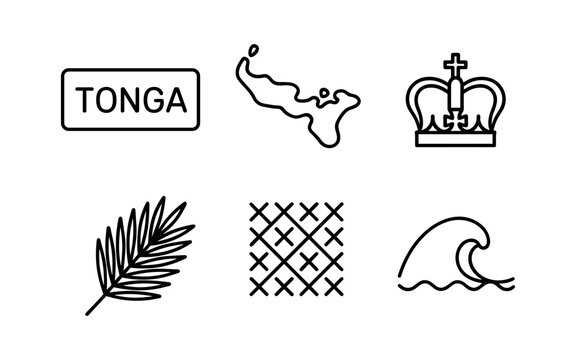 Minimalist linear symbols of tonga: map, crown, palm, wave, flag pattern