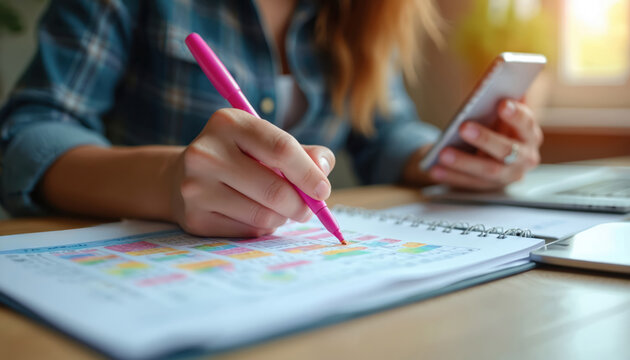 Busy woman plans weekly schedule, marks important dates on calendar with pink marker pen. Uses mobile phone for checking agenda, managing tasks on desk with laptop. Efficient time management at home