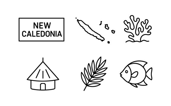 New caledonia outline symbols: map, coral, hut, leaf, fish in minimal style