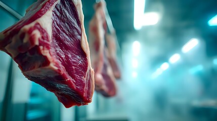 Fresh raw beef cuts hanging in meat processing facility with atmospheric blue lighting, showcasing premium quality meat for culinary use.
