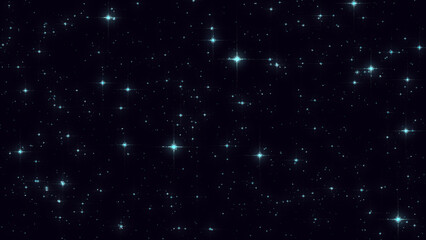 Fototapeta premium Many small, bright teal stars twinkle against a dark, deep space background.