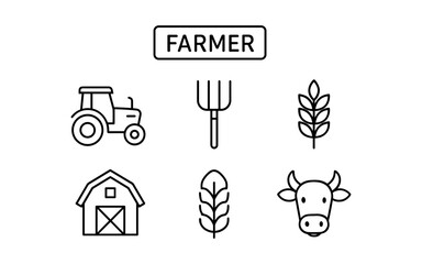 Fototapeta premium Farming icons collection featuring barn, tractor, livestock, and tools in linear style