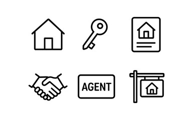 Obraz premium Minimalist real estate icons: house, key, agent, contract, handshake