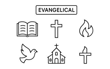 Fototapeta premium Evangelical symbols: cross, bible, church, dove, flame illustrations
