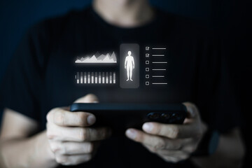 Man use smart phone for health care technology monitoring, ai analysis body to report and check health. Application track health Concep