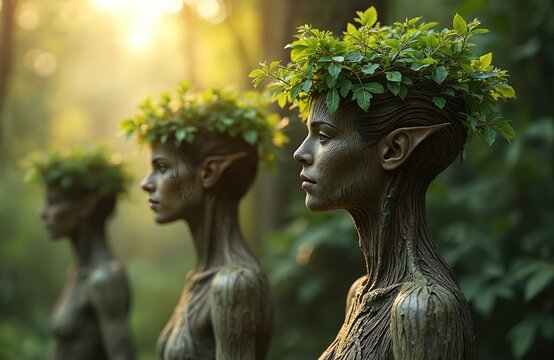 Three tree nymphs with bark skin and leafy crowns stand in profile. Their ethereal beauty embodies nature mystical within a sunlit forest setting.