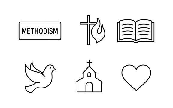 Methodism symbols: cross, dove, heart, church, bible, and flame icons in linear style