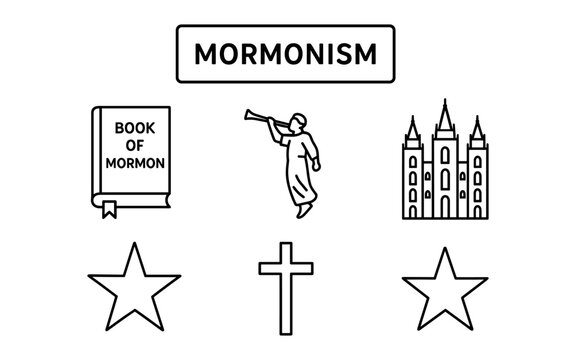 Mormonism symbols: angel, temple, and book of mormon icon set