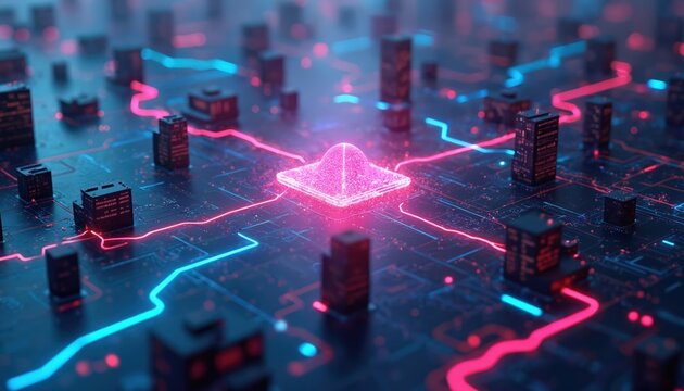 Futuristic digital governance ecosystem with neon lights on circuit board. Pink, blue lines connect black blocks. Glowing pink cloud icon on square plate. Modern technology infrastructure with data - Powered by Adobe