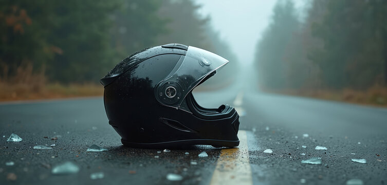 Black motorcycle helmet rests on wet asphalt road. Broken glass pieces scatter around dropped helmet. Empty, foggy road stretches into distance, lined by trees. Scene implies past bike accident,