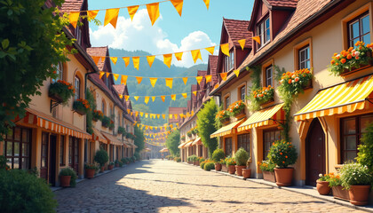 Obraz premium Cobblestone street lined with traditional buildings adorned with orange flowers and yellow bunting flags. Mountains rise in background. Blue sky with white clouds.