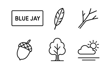 Nature inspired simple outline icons featuring blue jay and tree elements