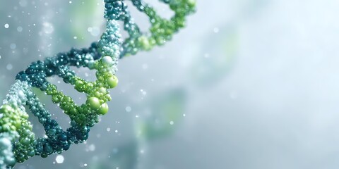 DNA double helix structure in blue and green colors on soft blurred background with particles, representing genetic research and biotechnology.
