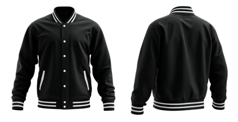 Black varsity jacket; front and back view
