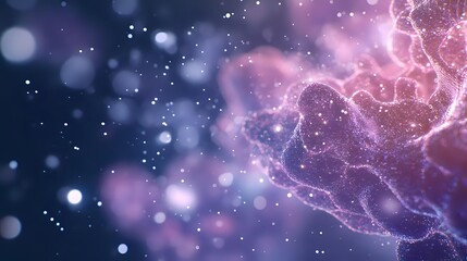 Cosmic nebula with glowing pink and purple energy formations against deep blue space background with luminous particles.