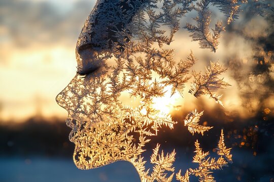 Delicate frost crystals forming human profile silhouette against golden winter sunset, creating magical nature portrait with ice patterns on window glass.