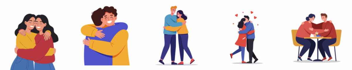 Flat Diverse People Hugging Each Other in Various Occasions Illustration Set