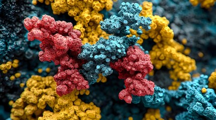 Fototapeta premium Colorful microscopic view of molecular structures with red, blue, and yellow clusters forming intricate patterns against dark background.