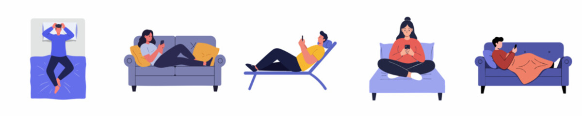 Flat Illustration Various People Relaxing at Home with Mobile Phone Set