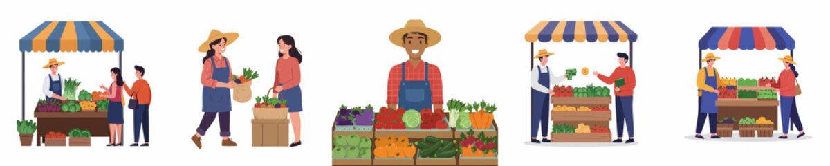 Detailed Illustration of Local Farmer Market with Variety People and Product