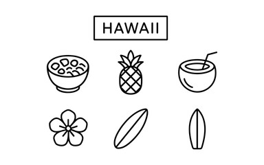 Minimalist hawaii icons: pineapple, surfboard, coconut, bowl, flower