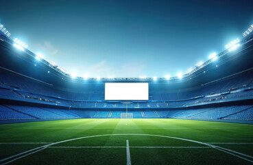 Large empty football stadium at night under bright floodlights. Blank white scoreboard provides copy space over green grass pitch. Arena with blue seats ready for championship match concert event.