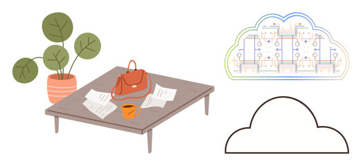 Wooden table with papers, bag, and coffee cup, potted plant nearby, conceptual cloud network with circuits. Ideal for work-from-home, organization, cloud computing, data storage technology