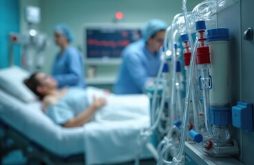 Hospital staff prepare dialysis machine for patient in intensive care unit. Medical team work with equipment. Patient lies on bed, receives treatment. Healthcare professionals in blue scrubs, caps