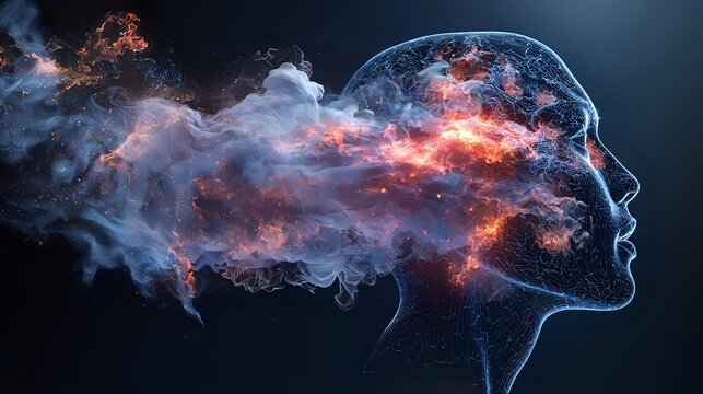 Conceptual visualization of human consciousness with cosmic energy flowing through translucent head profile against dark background.