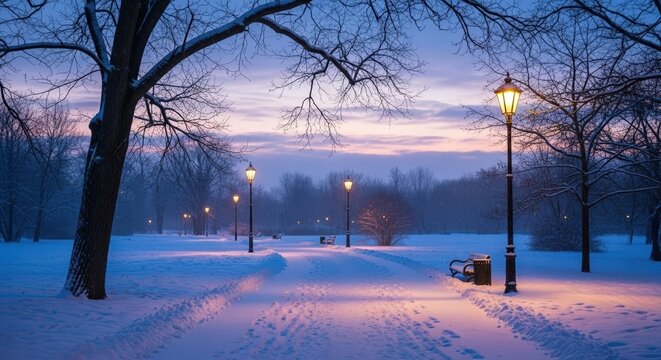 Snowy park path with street lamps during twilight in winter  