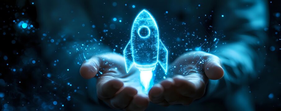 Glowing blue rocket hologram hovering above businessman's hands against dark background, symbolizing startup launch and innovation in technology sector.
