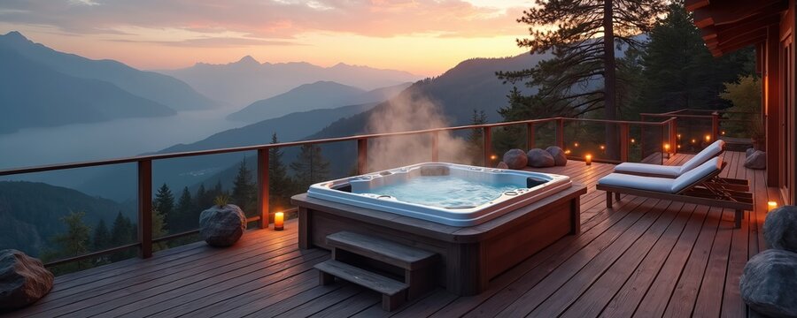 Hot tub on wooden deck with mountain view at sunset. Lounge chairs near spa. Hydrotherapy and wellness in luxury hotel at holiday. Relaxation and recreation in countryside resort at vacation.