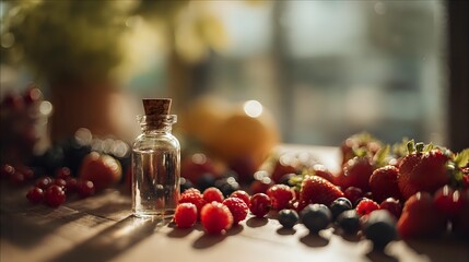 Small glass bottle with cork surrounded by fresh berries including raspberries, blueberries and currants on wooden surface in warm sunlight.