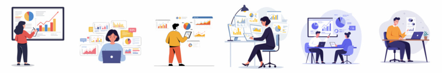Flat Style Illustration Set of Data Analysis and Business Strategy Concept