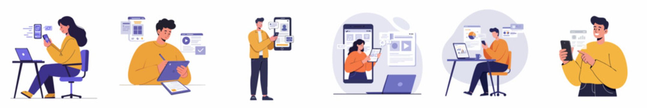 Minimalist Flat Illustration Set of People Using Digital Devices