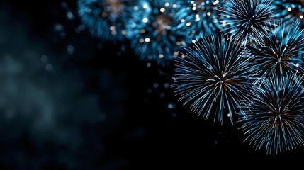Spectacular blue and white fireworks exploding against dark night sky, creating festive atmosphere for celebration events and holiday backgrounds.