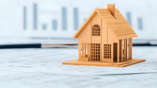 Wooden house model on architectural blueprints with financial charts in background, representing real estate investment and property development planning.