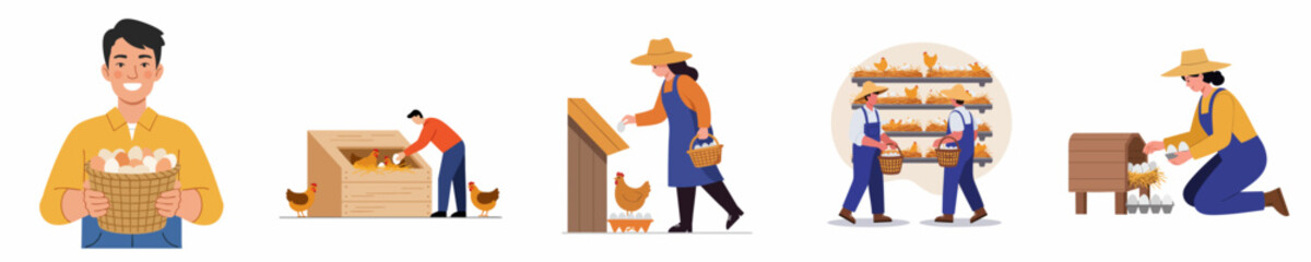 Flat Illustration Set People Collecting Eggs in a Basket in a Farm © logo