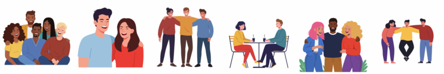 Diverse Flat Illustration of Smiling Friends and Couple Various Activity