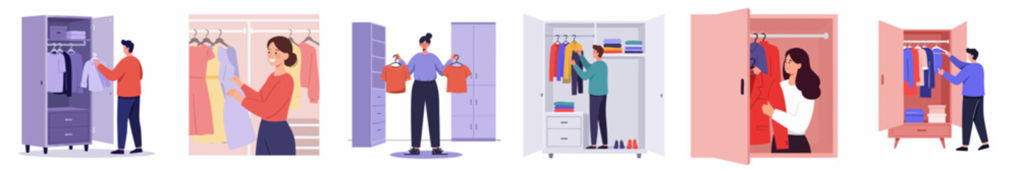 Colorful Flat Illustration of People Arranging and Selecting Clothes in Wardrobe