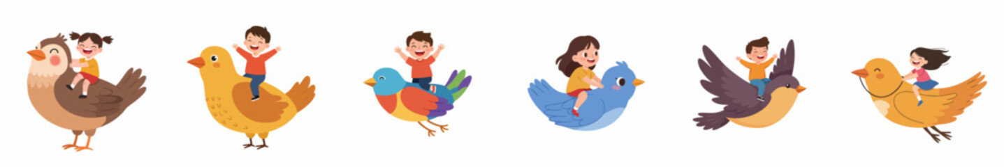 Fototapeta premium Cartoon Colorful Bird Character with Children Riding Illustration Asset