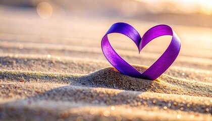 Purple Ribbon Heart Shaped On Sandy Beach At Sunset With Golden Light And Gentle Waves In The Background