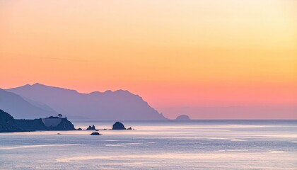 Serene Ocean Sunset Over Coastal Mountains With Calm Water Reflecting Orange And Pink Sky A Distant Fortress Under A Clear Sky
