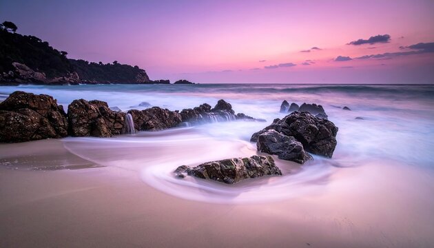 Serene Beach Sunset with Gentle Waves Flowing Over Rocks Under a Purple and Pink Sky