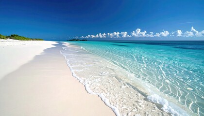 Serene Tropical Beach Paradise With White Sand and Crystal Clear Turquoise Water Under a Bright Blue Sky Midday Sun
